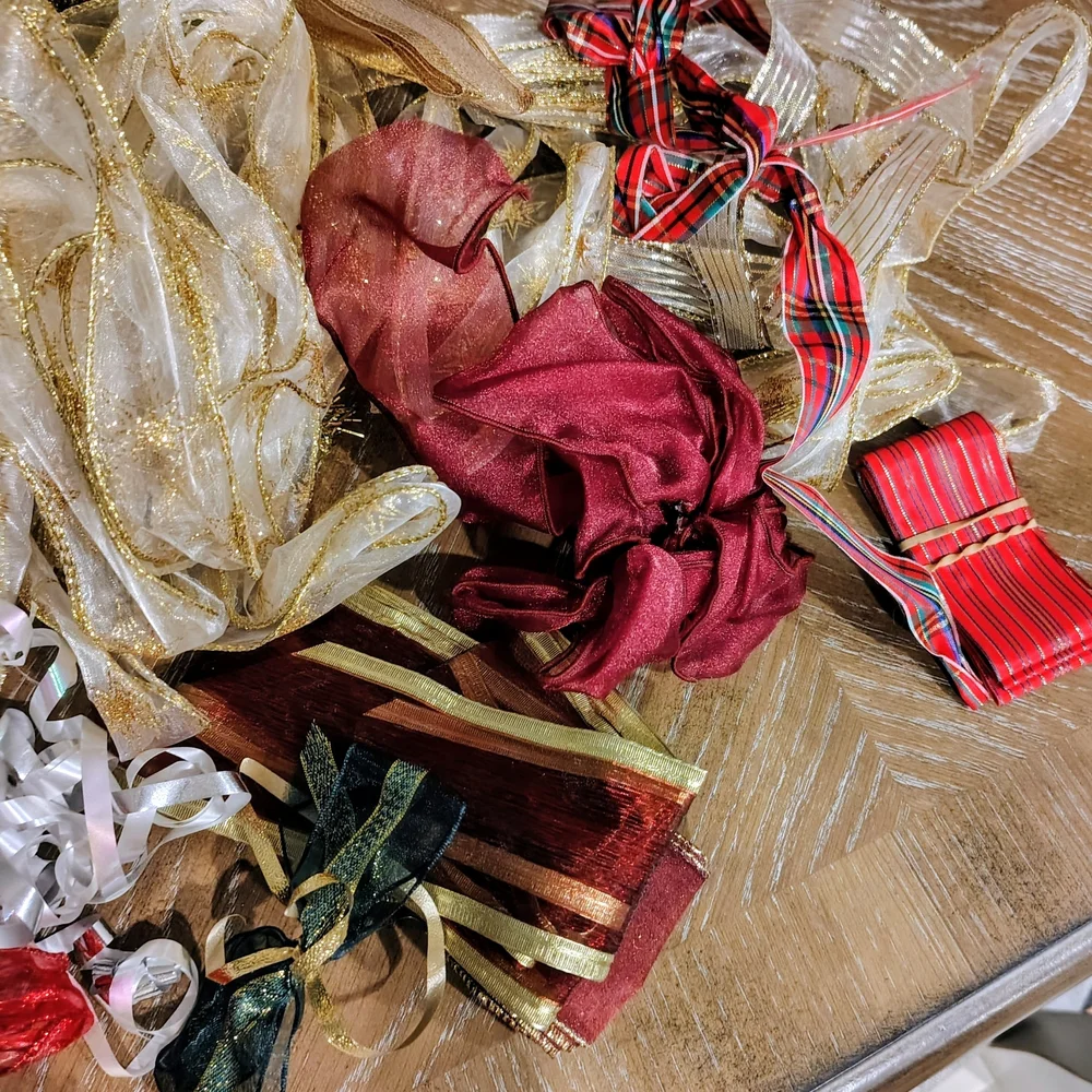 Assorted Decorative Ribbons in Gold, Silver, and Red
